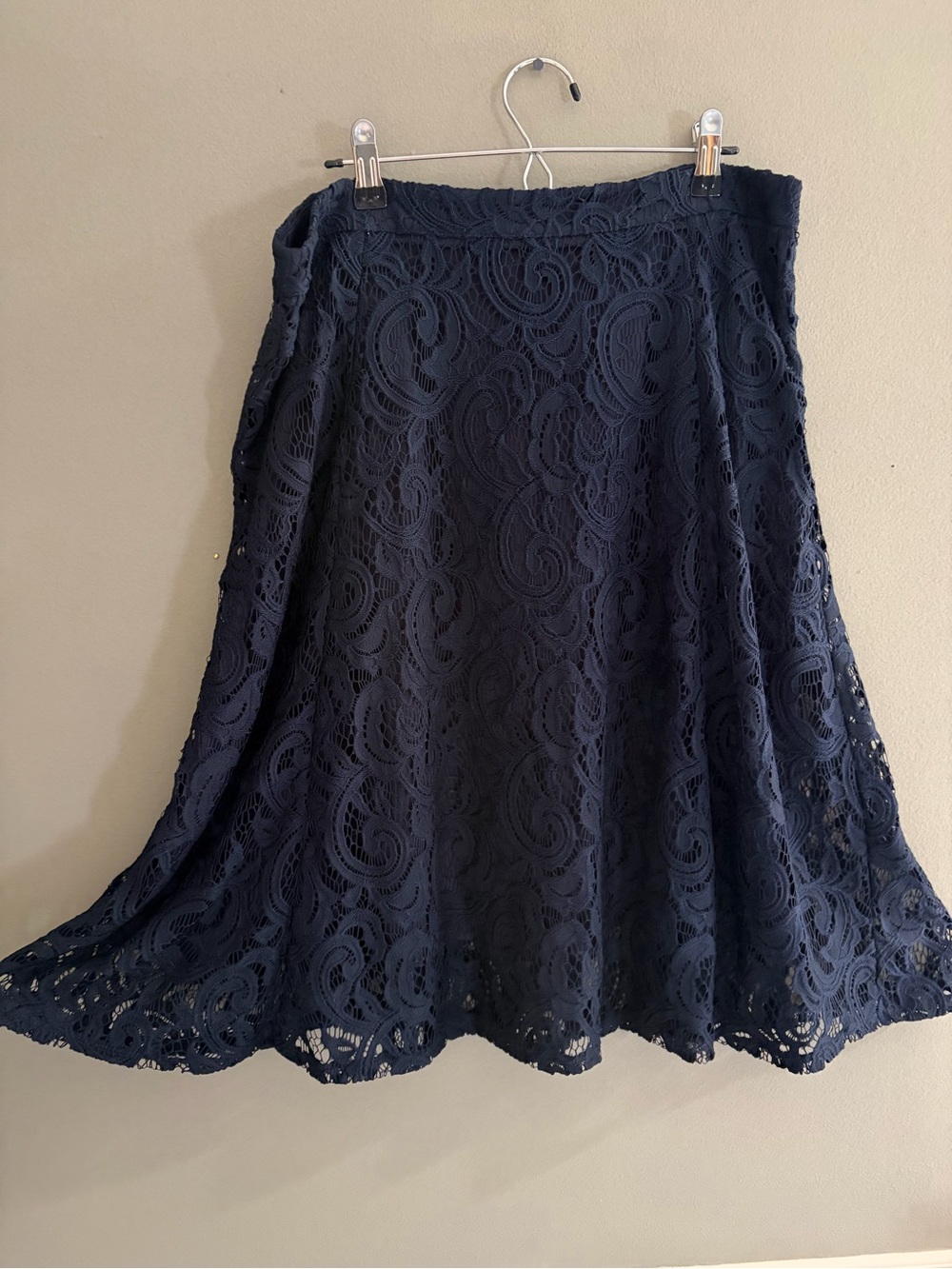 Adrianna Papell Navy A-Line Skirt Paisley Lace Overlay Lined Knee Length Skater